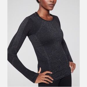 Athleta XS Black Silver Metallic Glitter Flurry Shine Base Layer Top Thumbholes